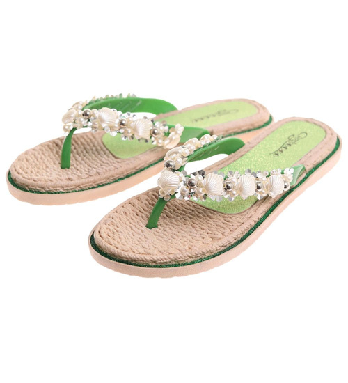 Zielone plażowe damskie klapki japonki z muszelkami /F6-2 17876 T088/