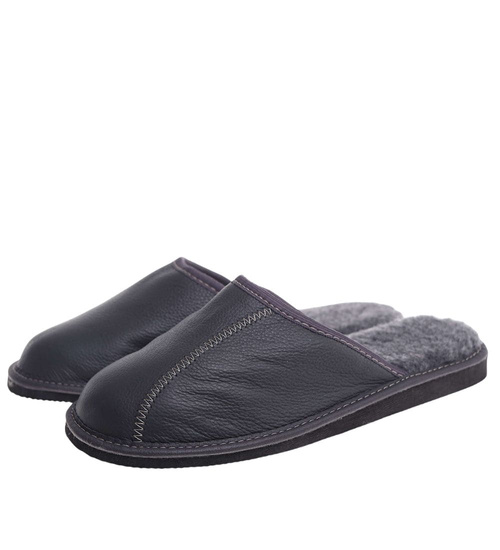 Skórzane kapcie męskie z wełną Szare /D8-1 18467 S197/