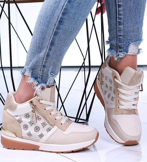 Beżowe damskie sneakersy na koturnie /G6-1 15911 D383/