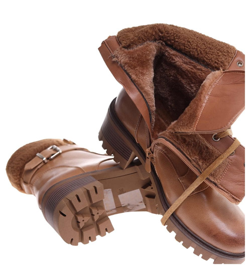 Karmelowe ocieplane botki damskie /F9-3 18180 T432/