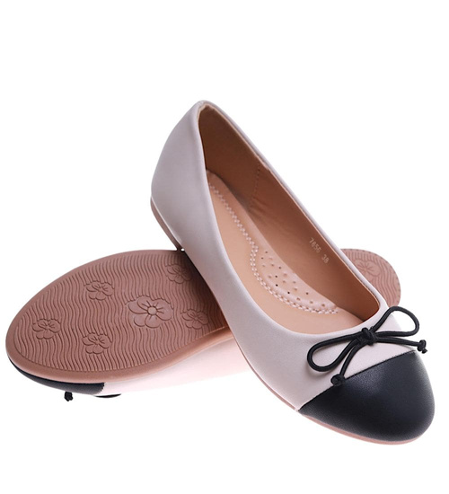 Beżowo czarne baleriny damskie z kokardą /E7-2 17533 G133/