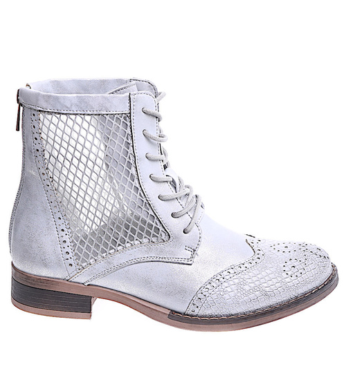 Wiosenne srebrne botki workery z ażurowymi wstawkami /D2-2 15458 S346/