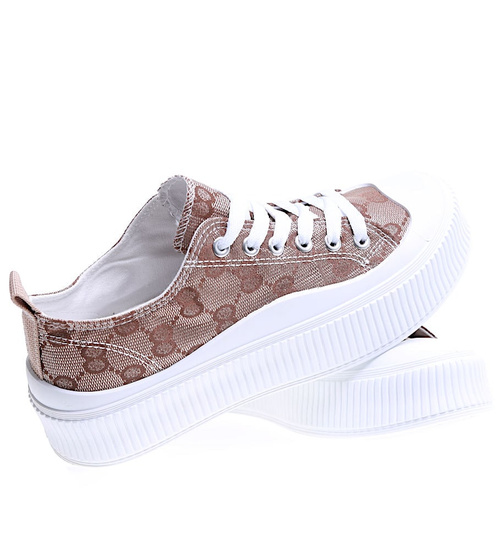 Sznurowane brązowe trampki damskie na platformie /C6-3 15680 T184/