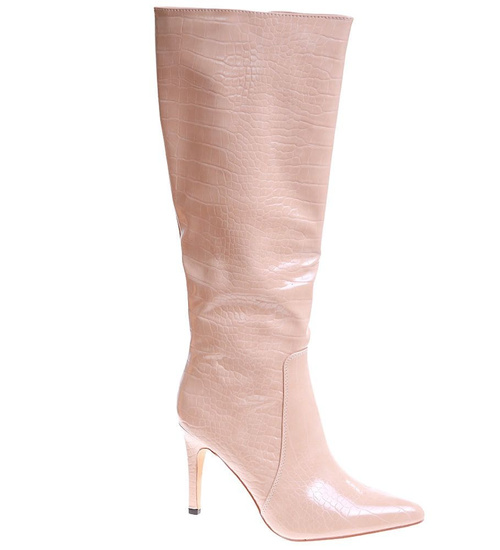 Beżowe kozaki damskie na szpilce /H2 16933 T282/