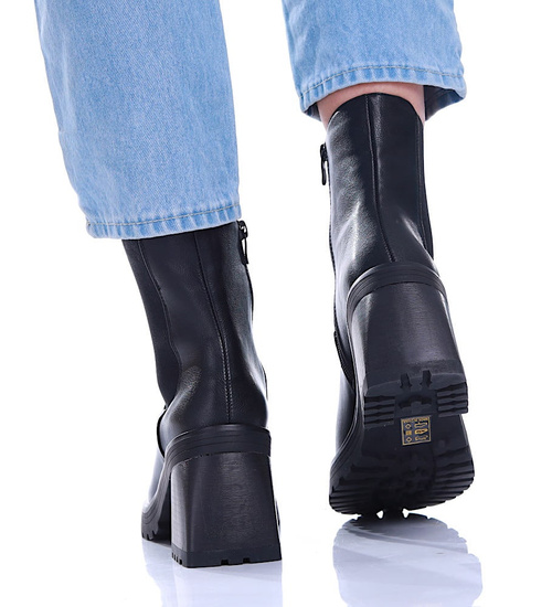 Czarne botki damskie na grubym słupku /G12-1 17050 G324/