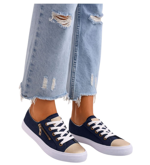 Sznurowane granatowe trampki ze złotymi noskami /F10-3 15805  T133/