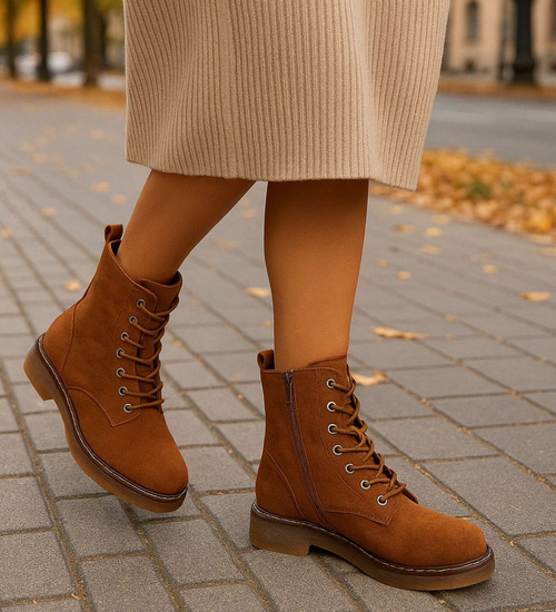 Karmelowe wiązane botki trapery zamszowe /E3-1 18388 W485/