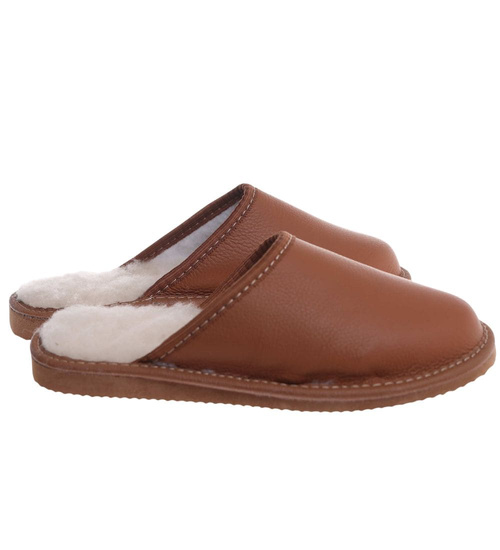 Skórzane brązowe kapcie damskie z wełną /C6-1 12796 S196/