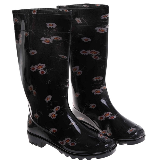 Kalosze damskie Czarne wysokie gumiaki w kwiaty /C3-1 17792 T349/