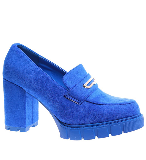 Modne niebieskie czółenka damskie na słupku i platformie /B6-2 15353 S487/