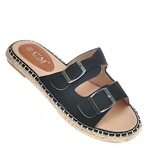 Zamszowe klapki damskie espadryle Czarne /B2-3 11500 S392/