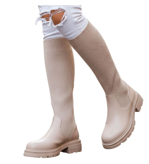 Beżowe kozaki damskie na platformie z elastyczną cholewką / E6-3 15306 T792/