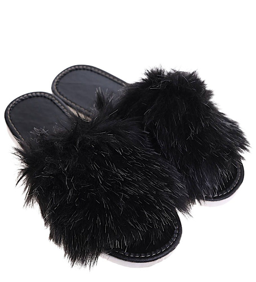 Klapki z futerkiem na grubym spodzie Czarne /E1-1 6925 S197/