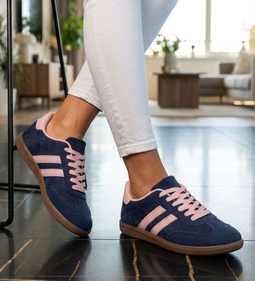 Granatowe sznurowane sneakersy damskie /G12-3 18714 T446/