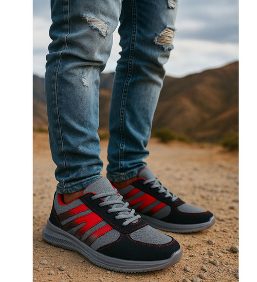 Wiązane czarno czerwone buty sportowe /B3-1 18039 T299/