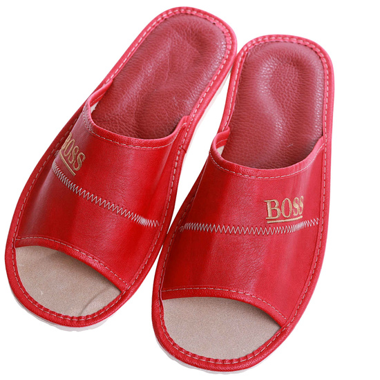Skórzane męskie klapki domowe BOSS Czerwone /B5-1 17323 S199/