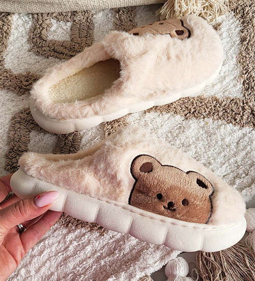 Pluszowe beżowe kapcie damskie z misiem /G8-1 15210 S246/ Pluszowe beżowe kapcie damskie z misiem /G8-1 15210 S246/