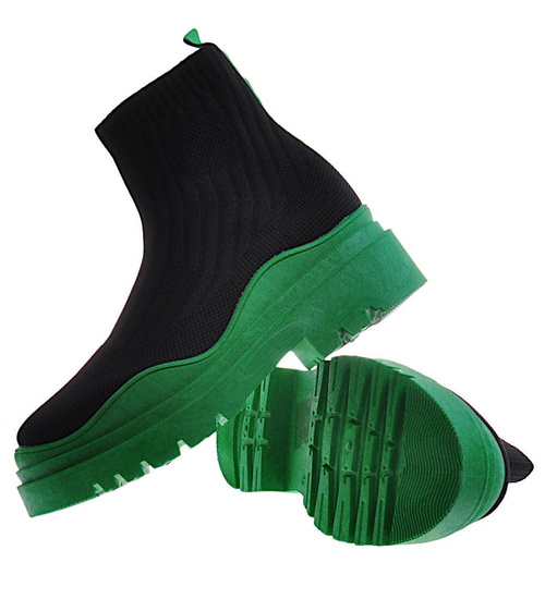 Damskie botki na grubej podeszwie Czarno-Zielone /E6-2 10746 T599/