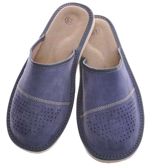 Domowe klapki z naturalnego zamszu Granatowe /E7-1 7928 S197/