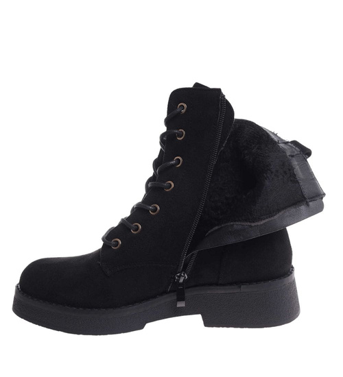 Czarne wiązane botki trapery zamszowe /A1-1 18389 W485/