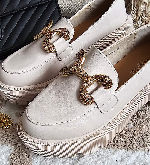 Beżowe wiosenne loafersy damskie półbuty na platformie /E8-1 15486 T336/