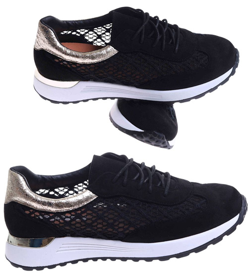 Czarne ażurowe buty sportowe sneakersy /G2-117657 W382/