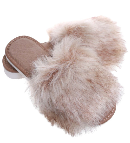 Beżowe damskie klapki z kudłatym futerkiem Premium /G8-1 11405 S292/