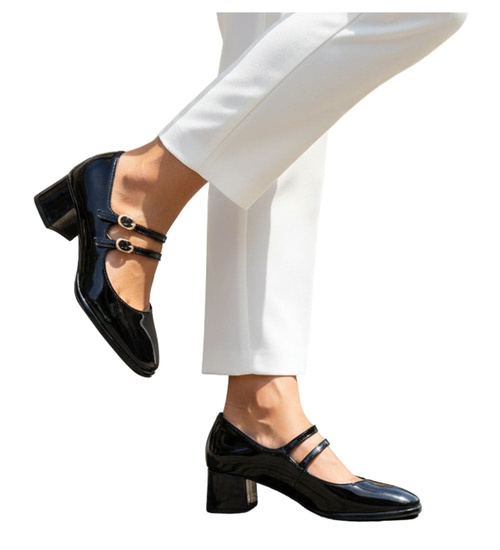 Czarne czółenka na niskim obcasie z paskami /E1-3 17520  W182/