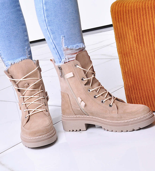 Damskie beżowe trapery z naturalnej skóry /B5-3 12554 R2460/