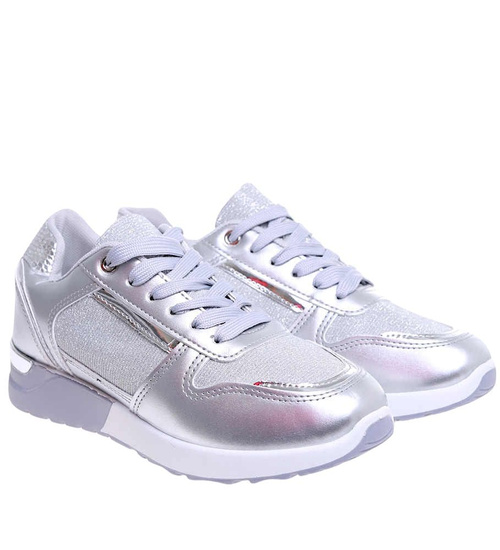 Wiązane srebrne buty sportowe damskie /F4-2 16077 G283/