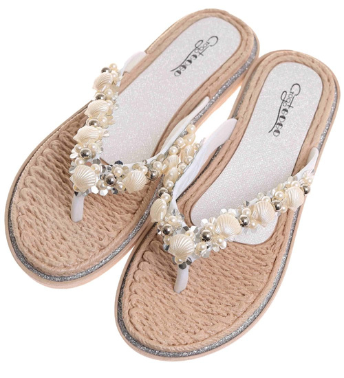 Białe plażowe damskie klapki japonki z muszelkami /C7-2 17877 T088/