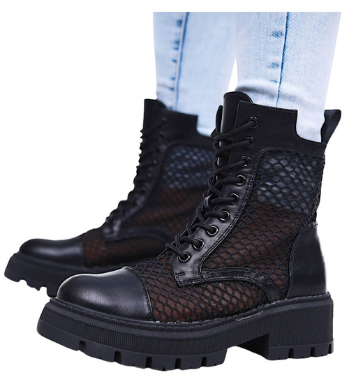 Czarne ażurowe botki trapery na platformie / 16769   G12-1  G381/