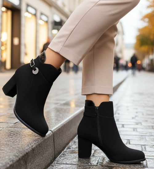 Eleganckie botki zimowe na obcasie czarne /C7-3 18571 W422/