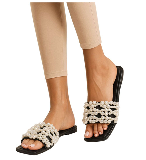 Czarne damskie klapki z perełkami /G8-2 12151 T192/