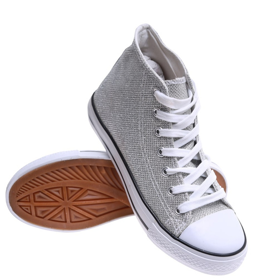 Srebrne trampki damskie z wysoką cholewką /E5-3 16602 G099/