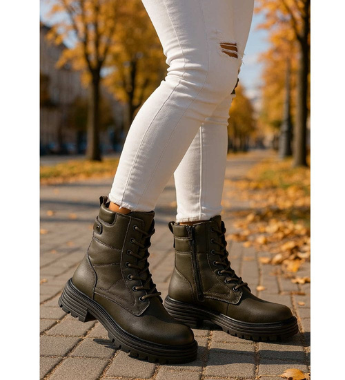 Sznurowane ocieplane botki trapery Zielone /E8-3 18254 W430/