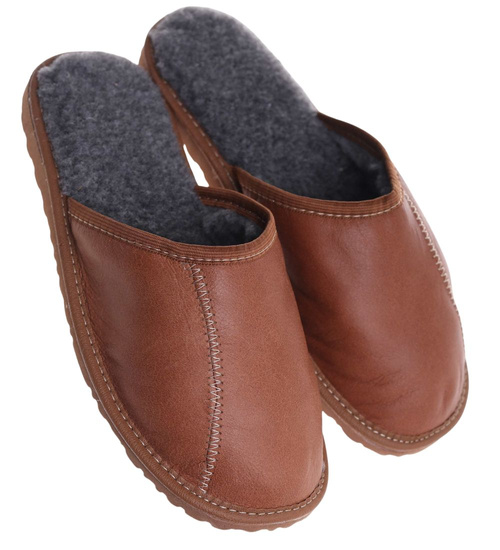 Skórzane kapcie męskie z wełną Brązowe /G8-1 18468 S197/