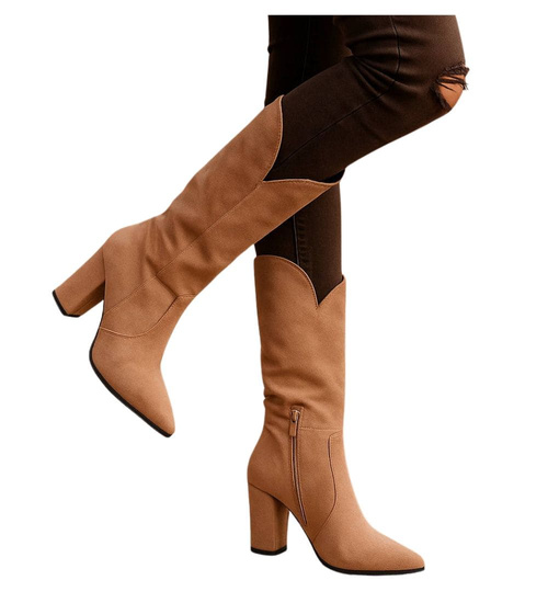 Klasyczne beżowe kozaki na obcasie z zamszu /C5-3 16896 G483 +H2/