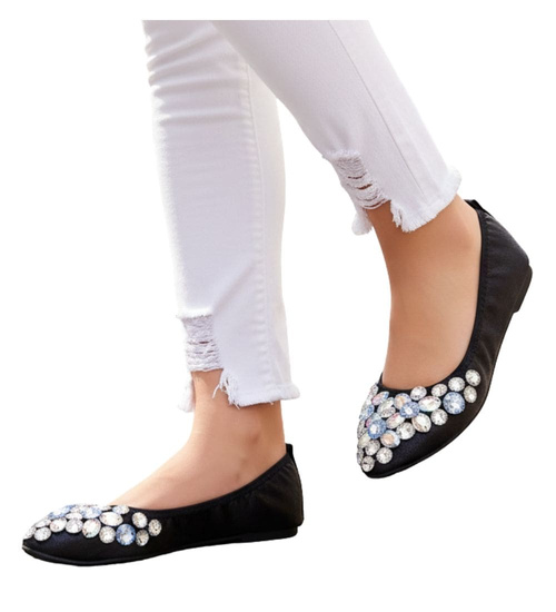 Czarne baletki damskie z kamieniami /G7-2 13043 T595/