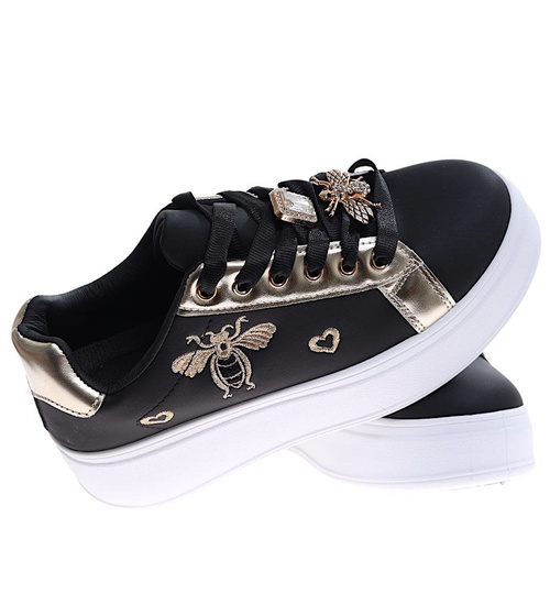 Czarne sznurowane damskie trampki na platformie /B2-2 16910 T537/