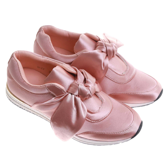 Wsuwane różowe damskie sneakersy z kokardą ost496