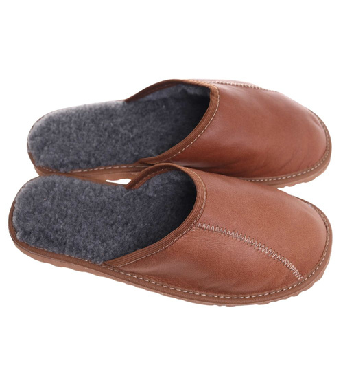 Skórzane kapcie męskie z wełną Brązowe /G8-1 18468 S197/