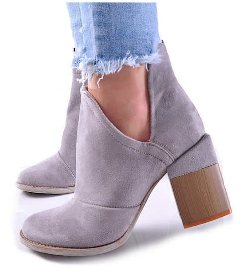 Modne botki damskie na klocku SZARE /E10-3 6218 S476/ 