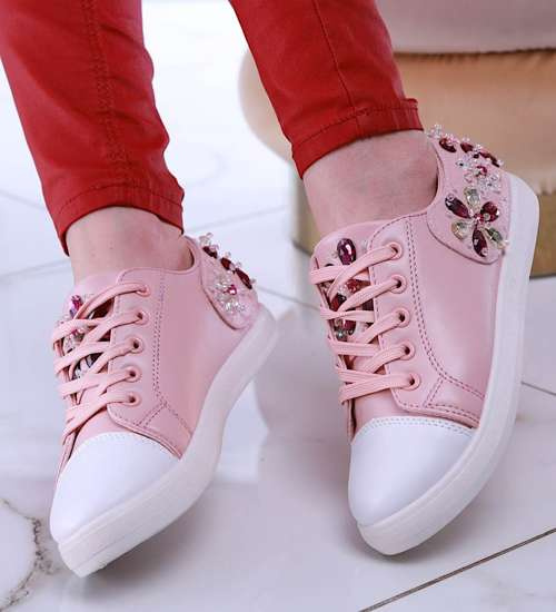 Modne damskie trampki z kamieniami Różowe /B1-2 13468 T128/