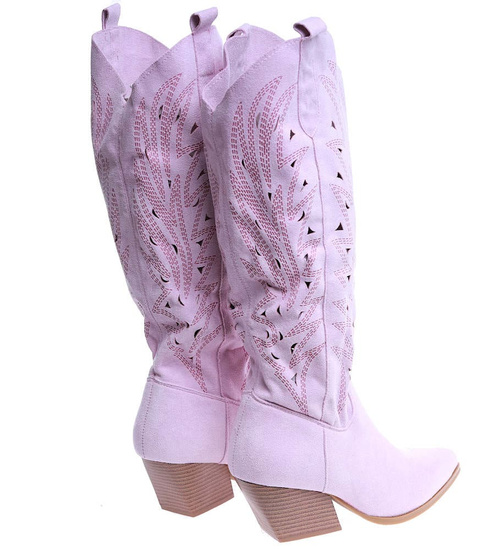 Ażurowe kozaki damskie na obcasie Fioletowe /B1-2 14753 T108/