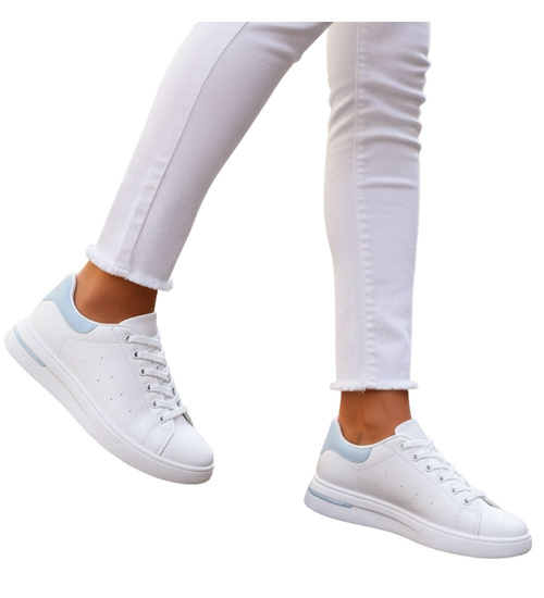 Białe damskie trampki z błękitnymi dodatkami /B2-3 16060 T198/