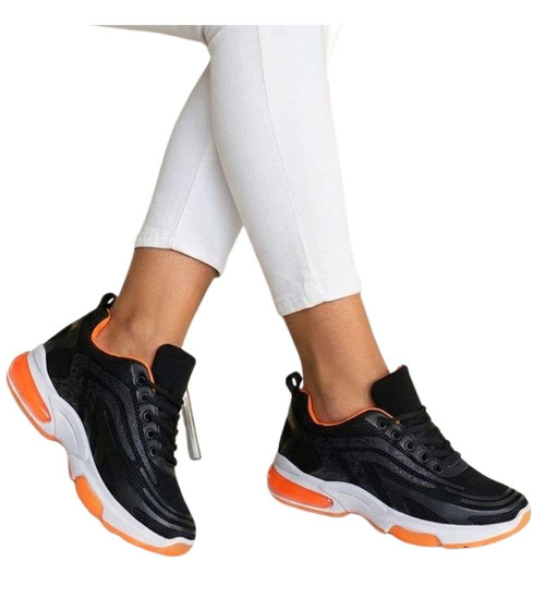 Sznurowane damskie buty sportowe Czarno pomarańczowe /G12-1 18089 T333/