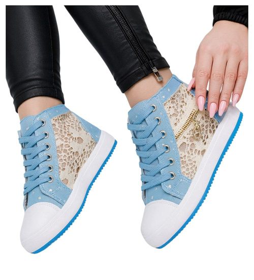 Sznurowane ażurowe trampki damskie Niebieskie /A1-3 13311 S190/