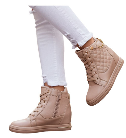 Beżowe sneakersy damskie na koturnie /F8-3 12771 T796/