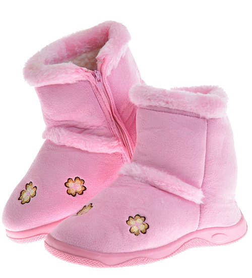 Różowe kapcie na suwak z futerkiem /D7-1 10273 S095/